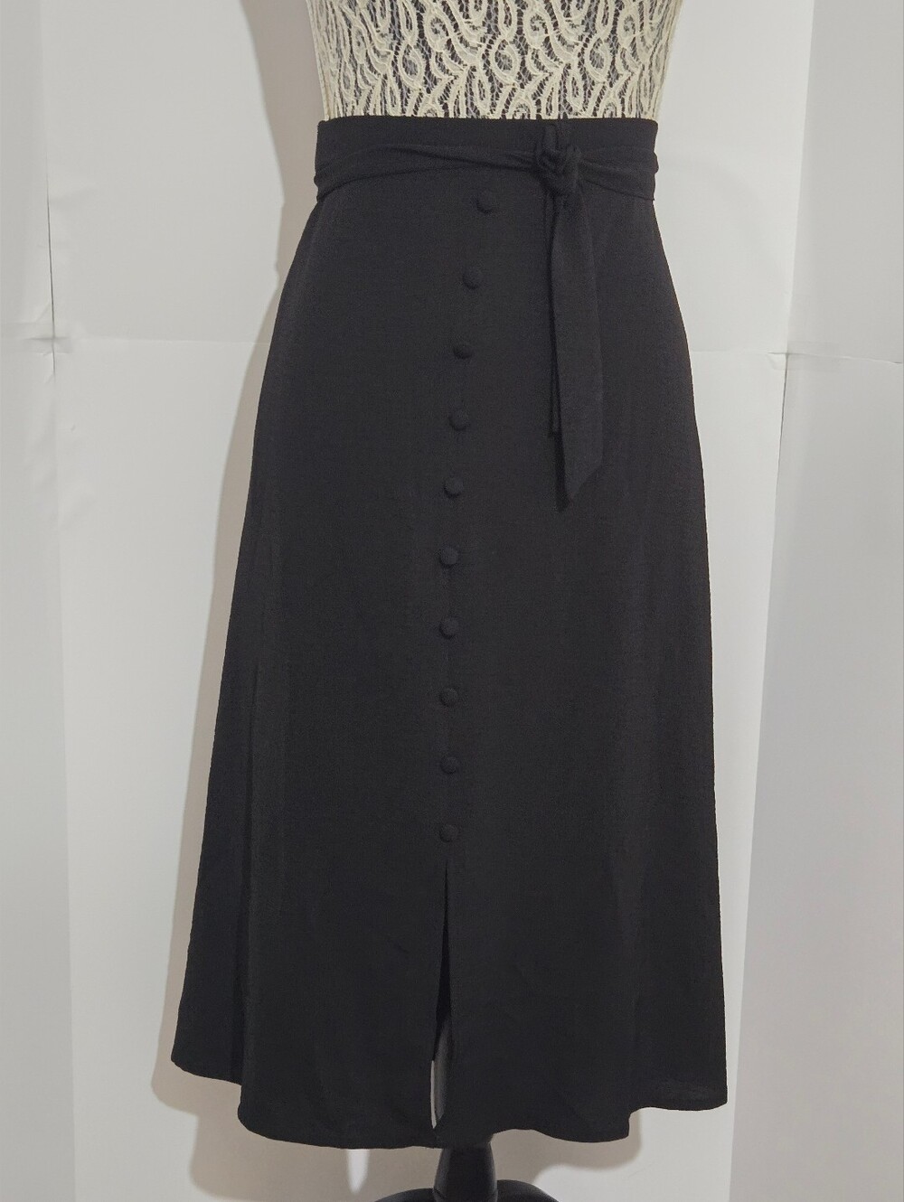 Black Button-Front Midi Skirt with Self Tie Waist - Picture 1 of 8